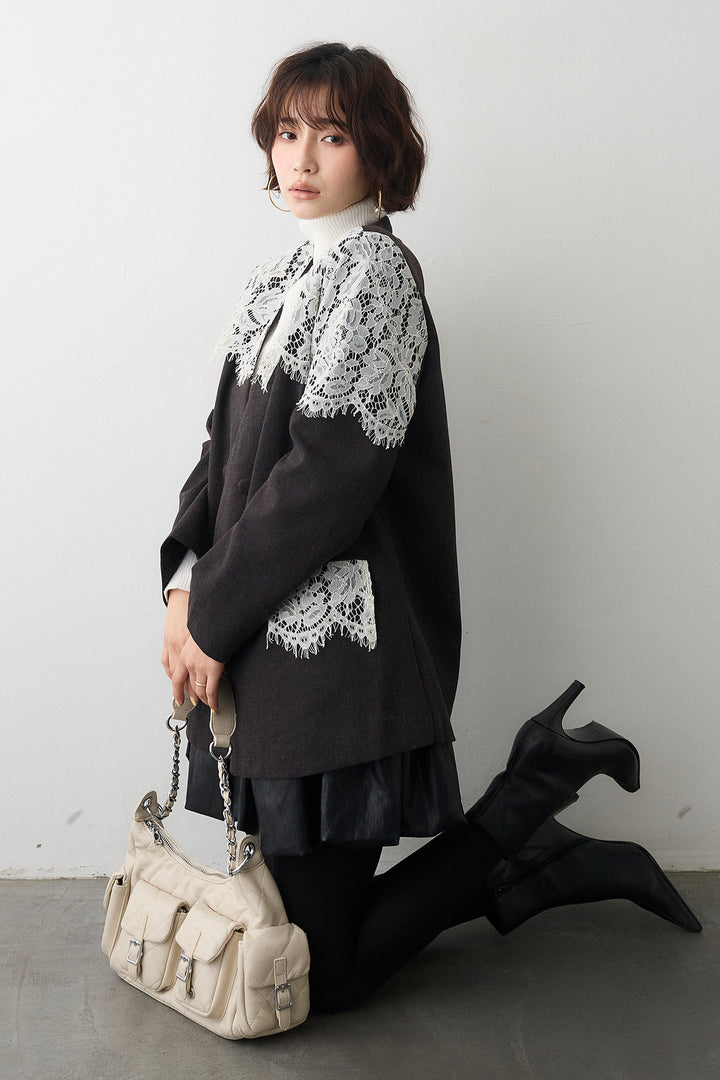 [予約/SET]ショルダーレースデザインジャケット+フェイクレザーティアードバルーンミニスカート(2set)
