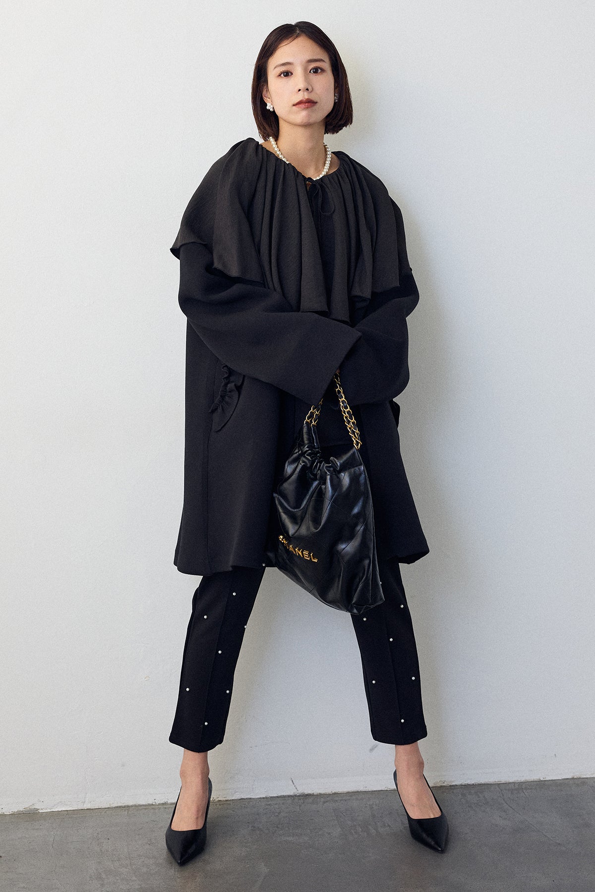 予約/SET]BIGフリルカラーブラウス+フリルポケットボンディングノー