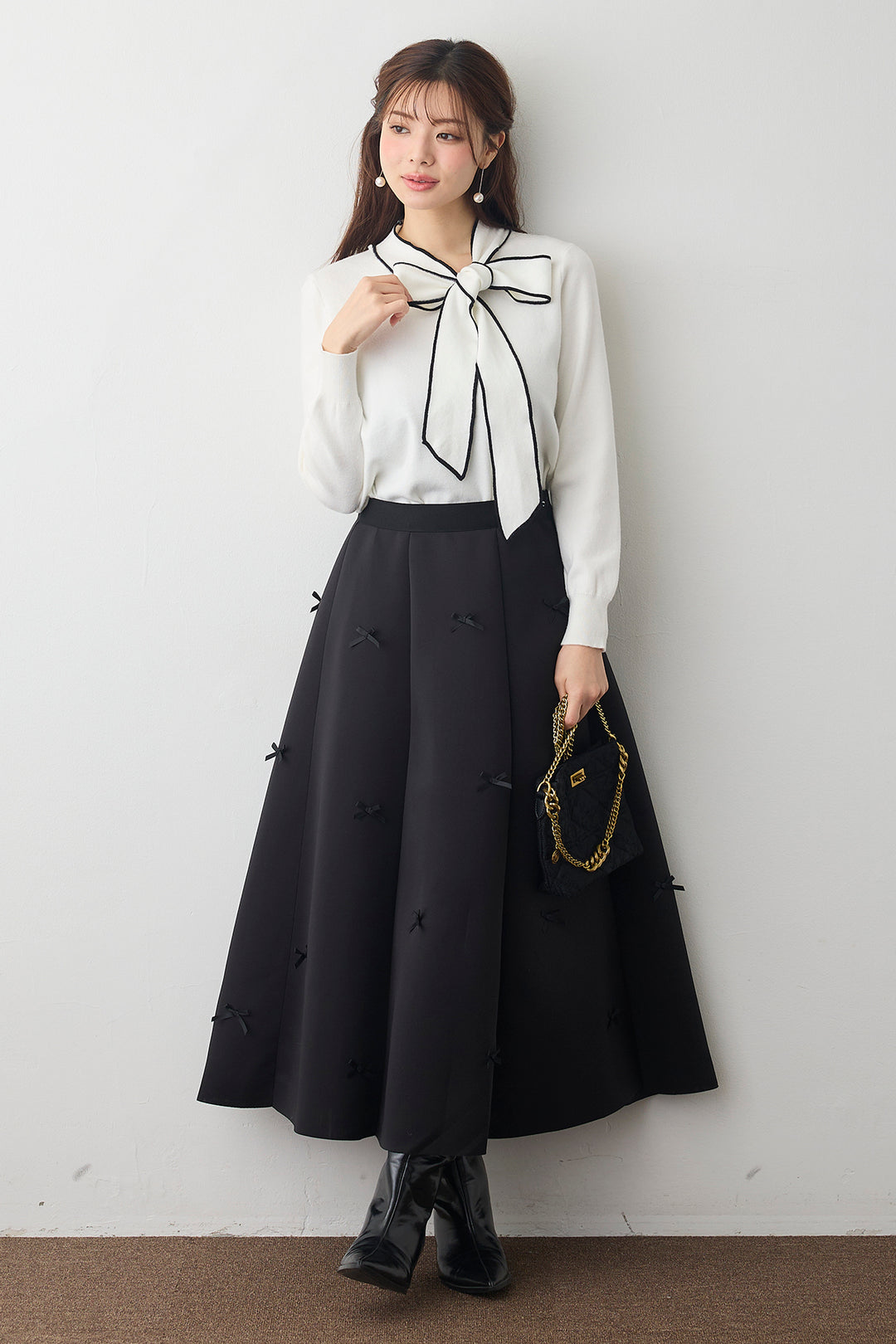 [予約/SET]配色ボウタイリボンニット+マルチパターンボンディングフレアスカート(2set)