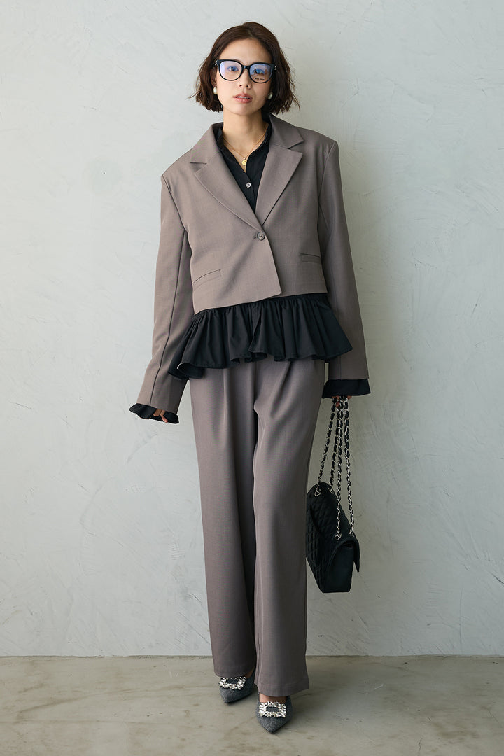 [予約/SET]フリルヘムスリーブブラウス+クロップドマニッシュシンプルジャケット+ツイルシンプルストレートパンツ(3set)