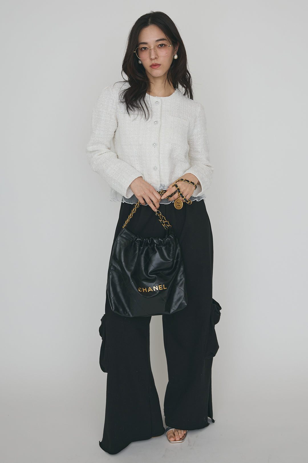 [予約/SET]プリーツフリルヘムライトツイードジャケット+ライトスウェットサイドリボンパンツ(2set)