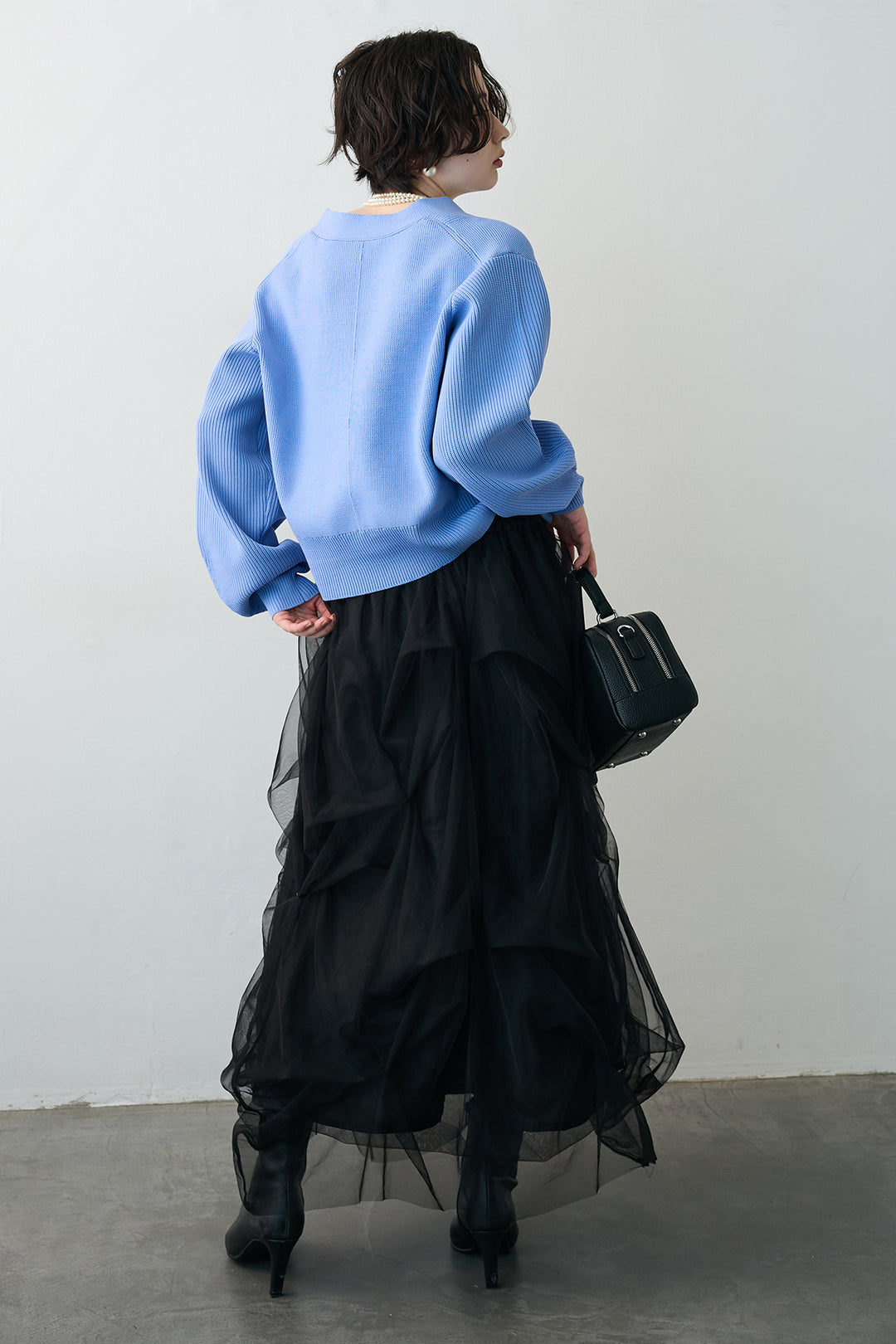 [予約/SET]スポンディッシュBIGボタンクロップドカーデ+マルチパターンタックチュールスカート(2set)