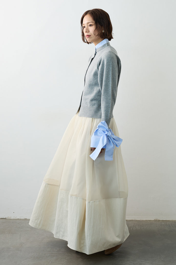[予約/SET]BIGリボンカフスデザインニットドッキングカーデ+オーガンジー×タフタコクーンスカート(2set)