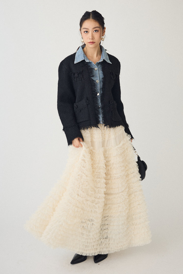 [予約/SET]デニムシャツドッキングツイードカーデ+ホイップチュールティアードスカート(2set)