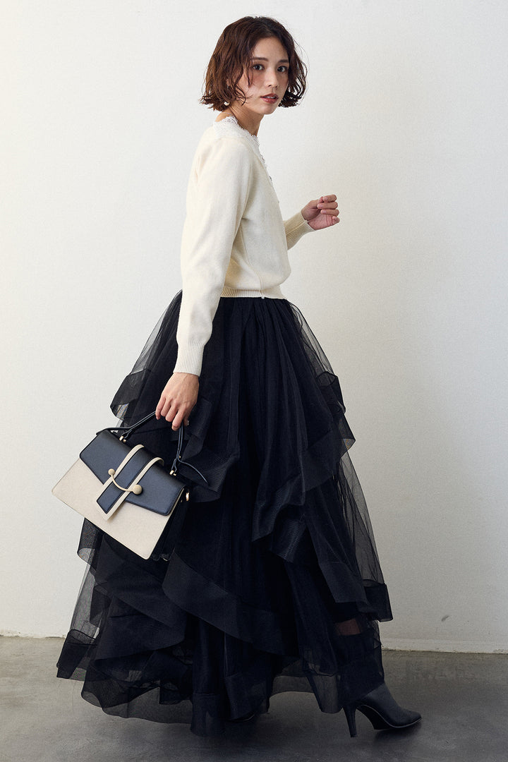 [予約/SET]Vレースデザインニットプルオーバー+ランダムフリルティアードボリュームスカート(2set)