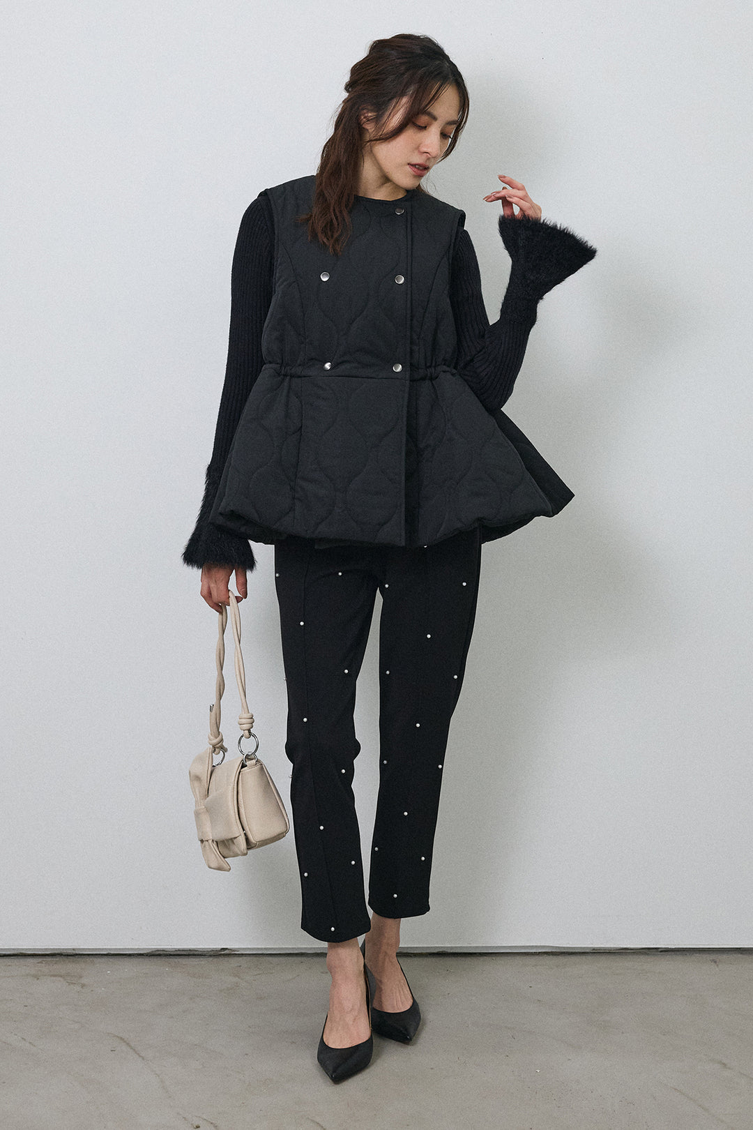 [予約/SET]フェザー切替スリーブフレアニット+キルティングフレアシルエットベスト(2set)