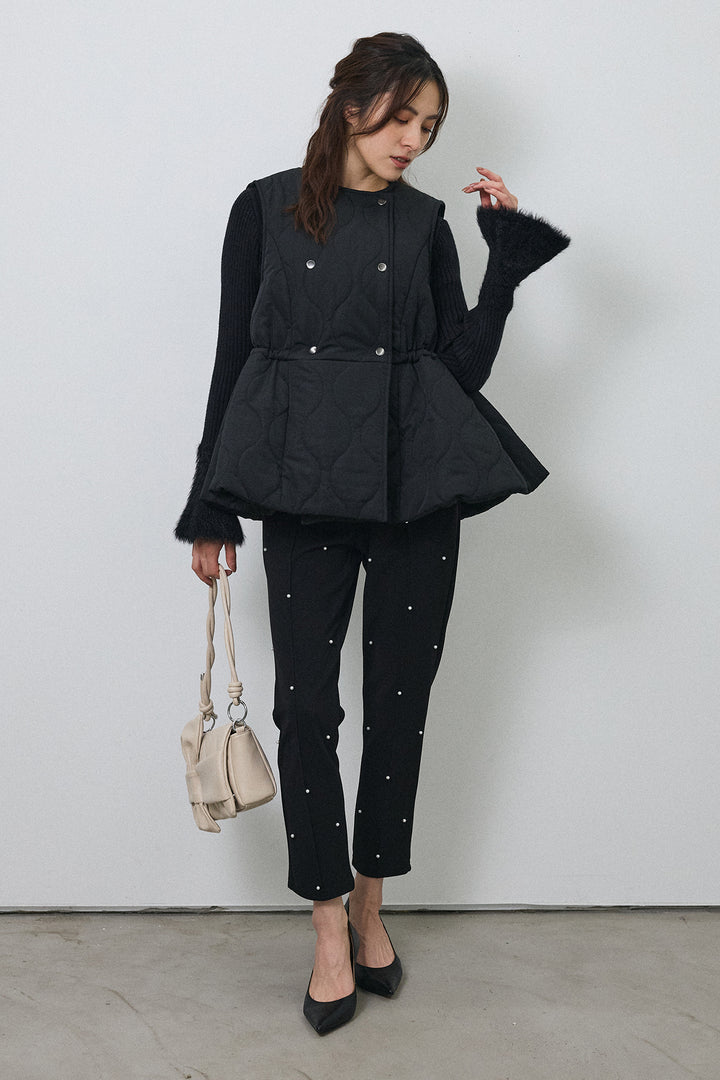 [予約/SET]フェザー切替スリーブフレアニット+キルティングフレアシルエットベスト(2set)