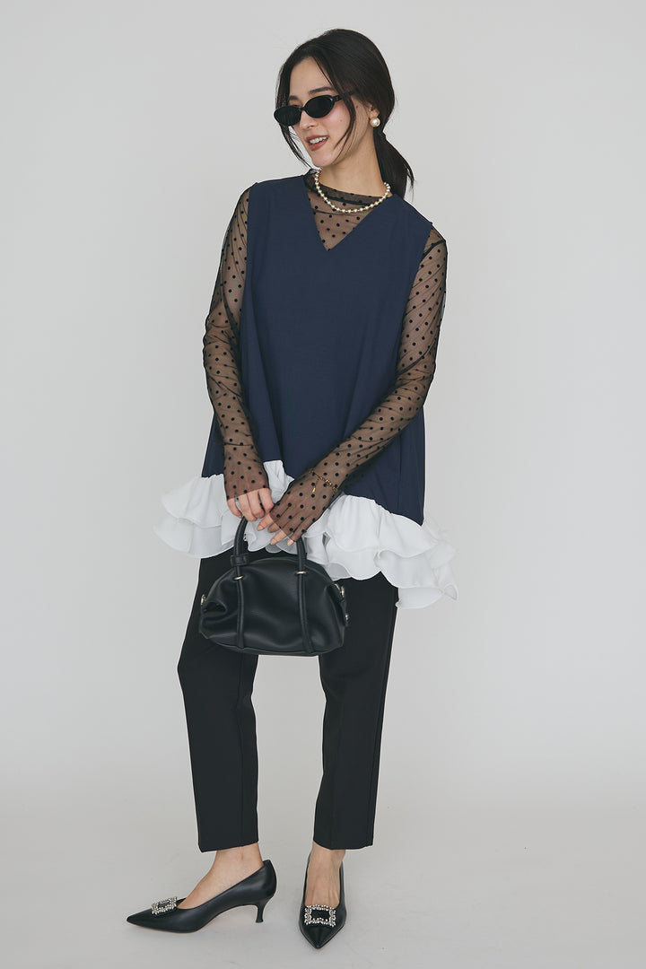 [予約/SET]異素材フリルヘムVネックチュニック+タックテーパードパンツ(2set)