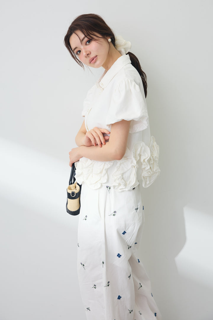 [予約/SET]フリルウェーブデニムシャツ+フラワー刺繍ローンイージーパンツ(2set)