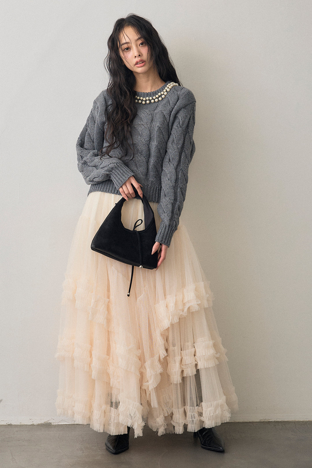 [予約/SET]ネックパールケーブル編みニット+配色フリルティアードロマンティックスカート(2set)