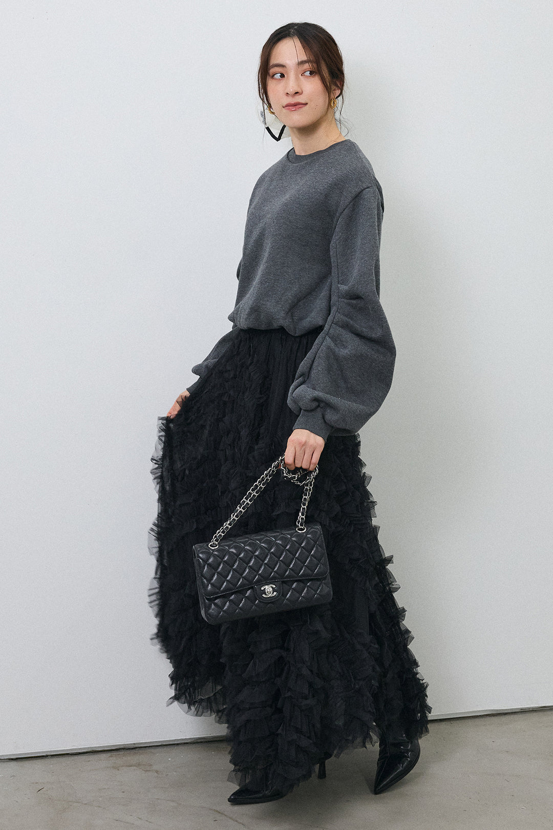 [予約/SET]裏起毛バルーンスリーブプルオーバー+スフレアシメチュールスカート(2set)