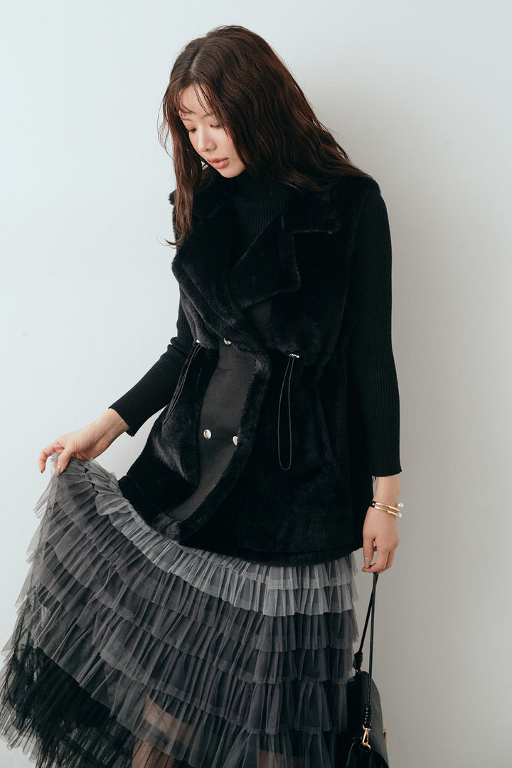 [予約/SET]ベーシックリブタートルニット+テディボアウエストドロストベスト+グラデーションチュールティアードスカート(3set)