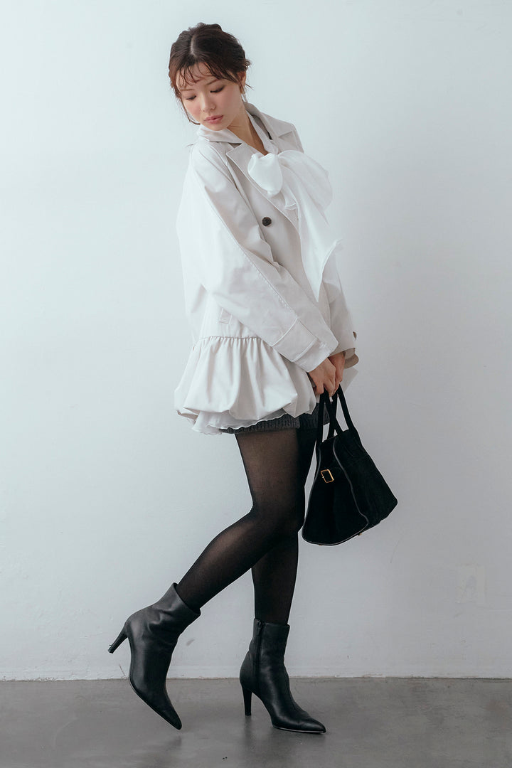 [予約/SET]フロントBIGリボンティアードエアリーチュニック+バルーンヘムミディ丈トレンチコート+メランジニットショートパンツ(3set)