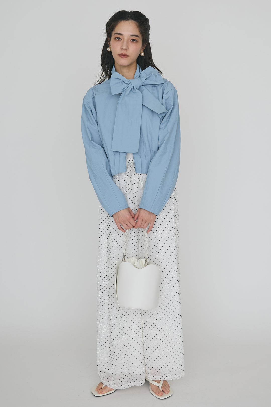 [予約/SET]フロントファスナーヘムタックボウタイブラウス+シアードットリラックスパンツ(2set)