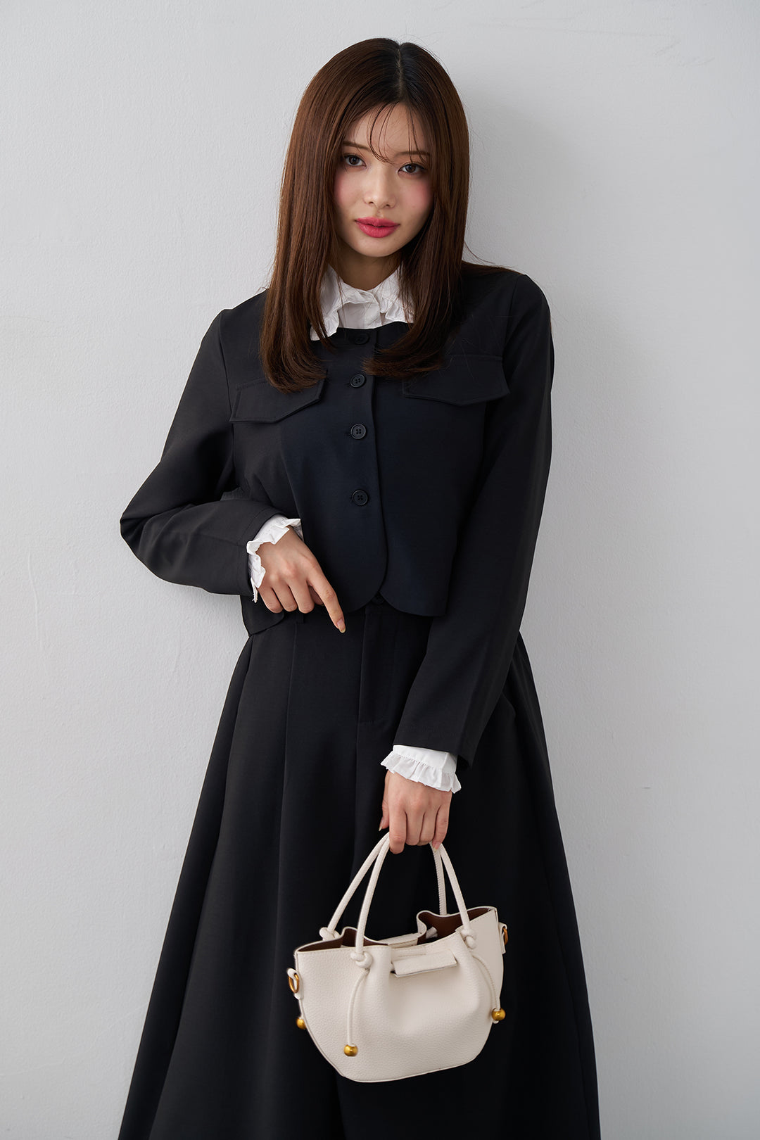 [予約/SET]ミニフリル襟ボリュームスリーブブラウス+ノーカラークロップドジャケットスカートセット(2set)