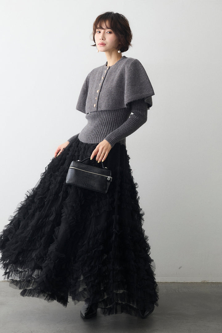 [予約/SET]ミックス釦ケープ2wayニット+スフレアシメチュールスカート(2set)