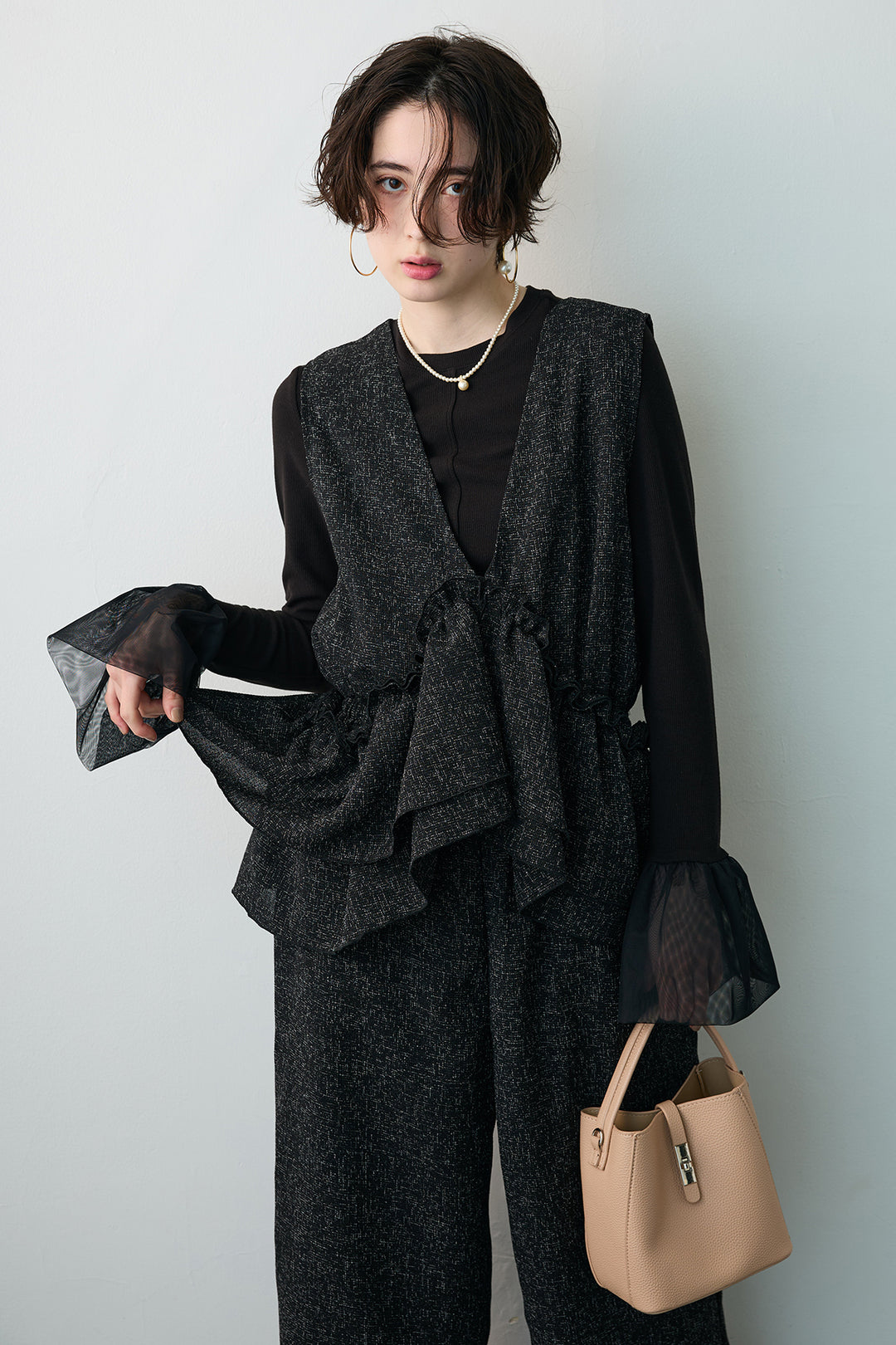 [予約/SET]サイドギャザーフレアチュールカフストップス+サマーツイードマルチウェイロンパース(2set)