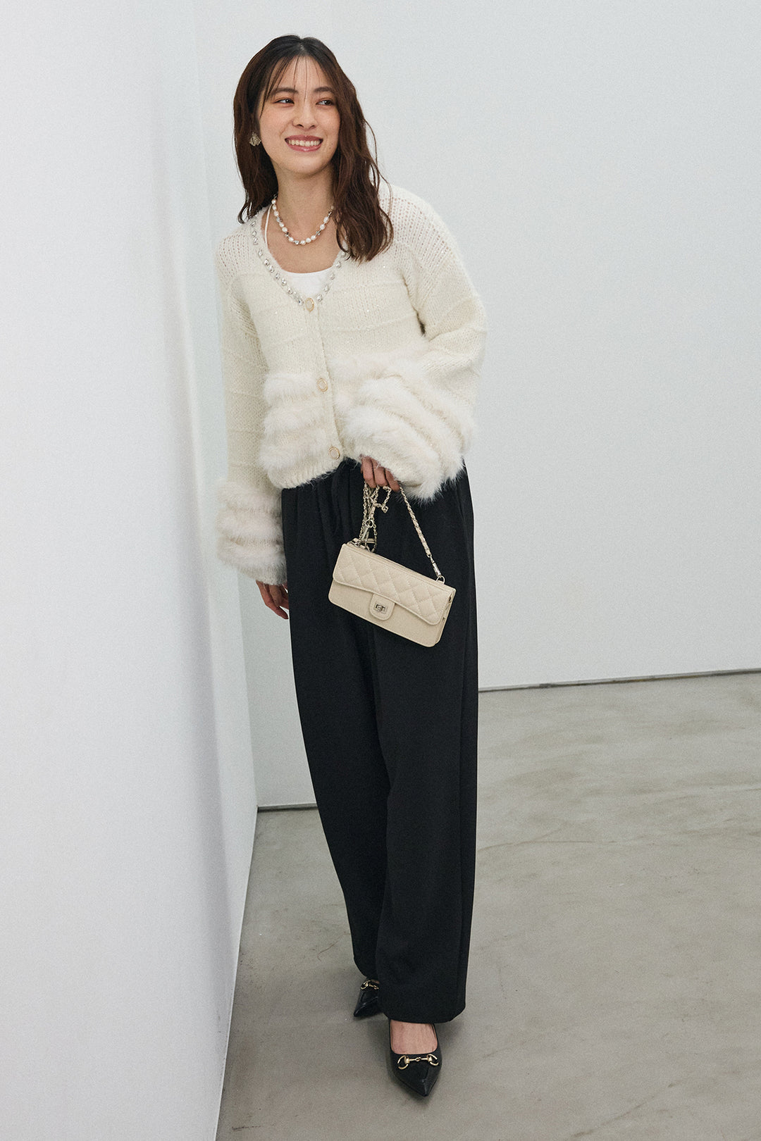 [予約/SET]ネックビジューラインファーニットカーデ+2タック美シルエットパンツ(2set)