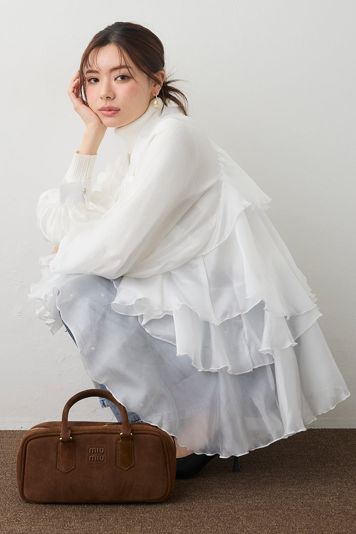 [予約/SET]フロントBIGリボンティアードエアリーチュニック+パールスタッズストレートハイウエストデニム(2set)