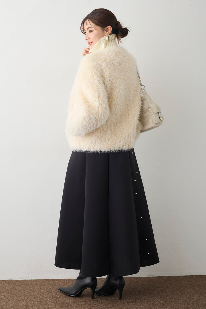 [予約/SET]シャギーファー×リブニットミックスジャケット+マルチパターンボンディングフレアスカート(2set)