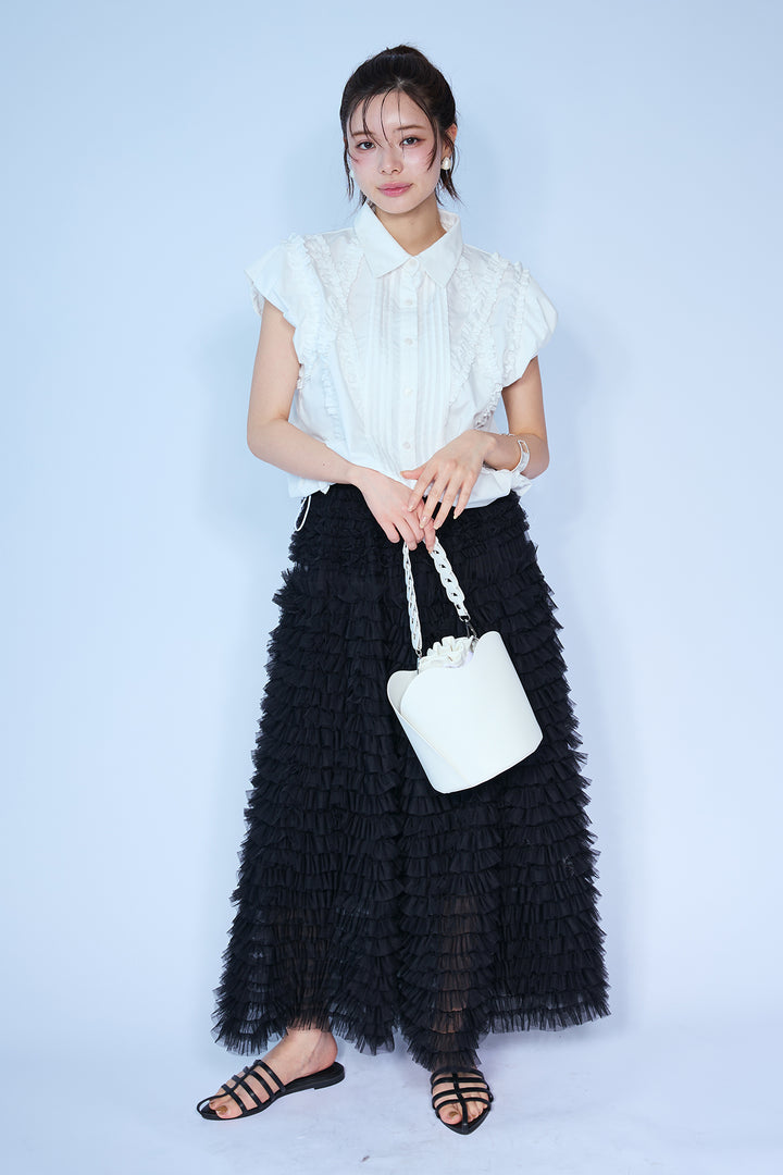 [予約/SET]ミックスフリルピンタックサイドドロストブラウス+ホイップチュールティアードスカート(2set)