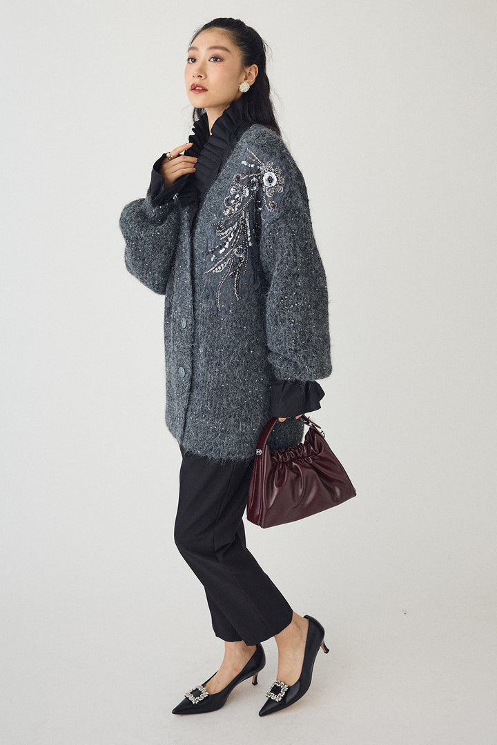 [予約/SET]ダブルプリーツカラーブラウス+ビーズフラワースパンコールシャイニーニットカーデ+タックテーパードパンツ(3set)