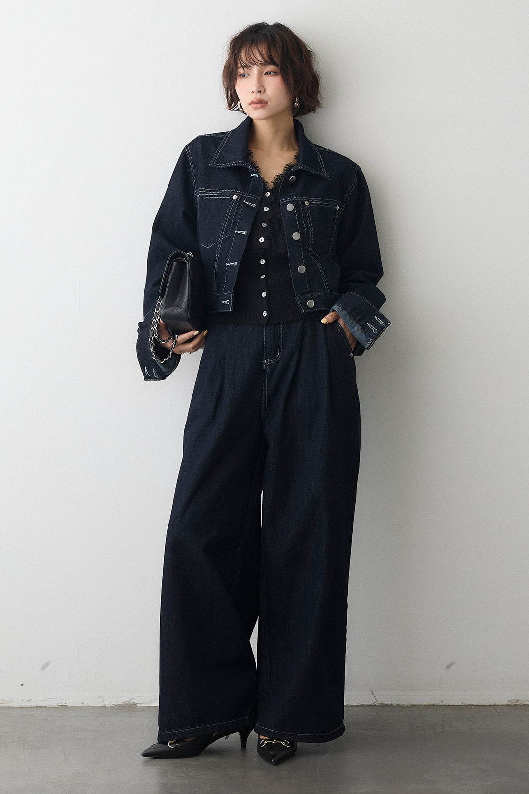 [予約/SET]レースVラインボタンニット+クロップドデニムセットアップ(2set)