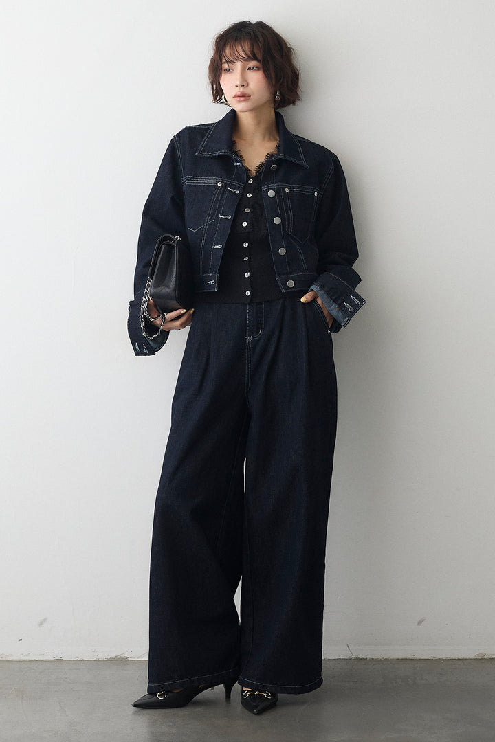 [予約/SET]レースVラインボタンニット+クロップドデニムセットアップ(2set)