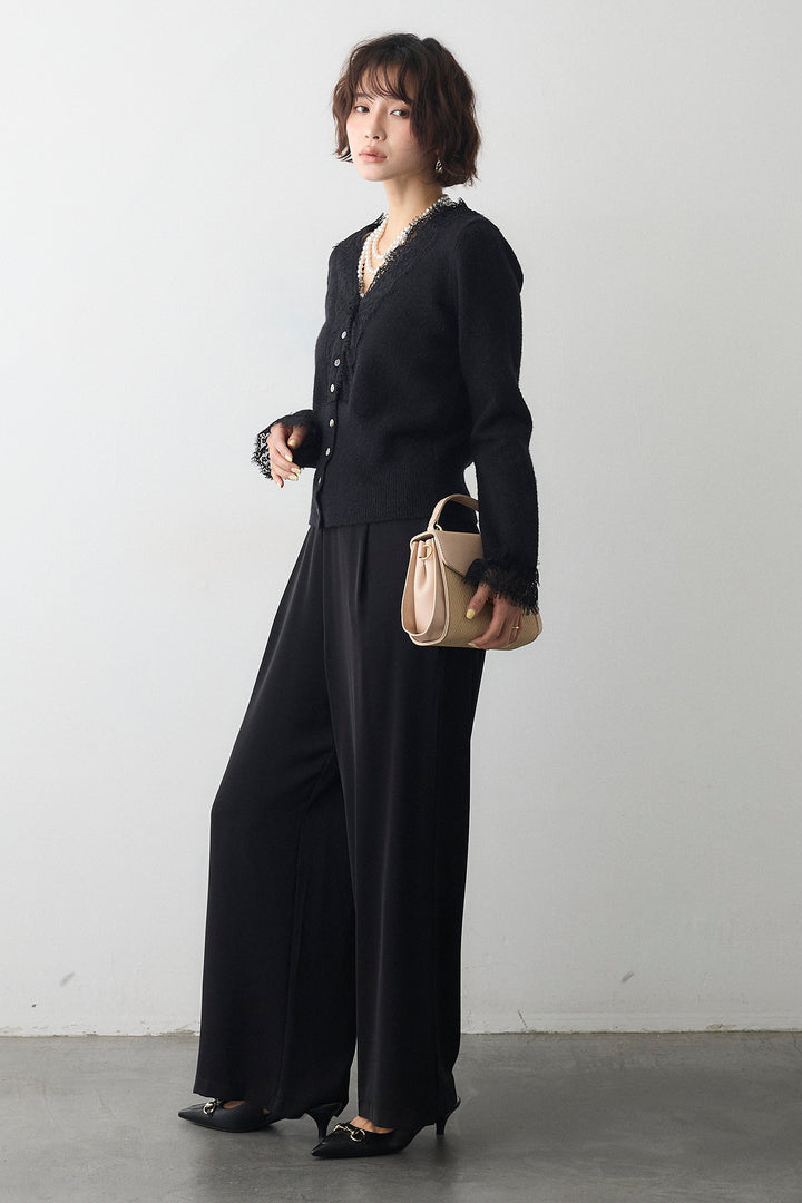 [予約/SET]レースVラインボタンニット+とろみドロストワイドパンツ(2set)
