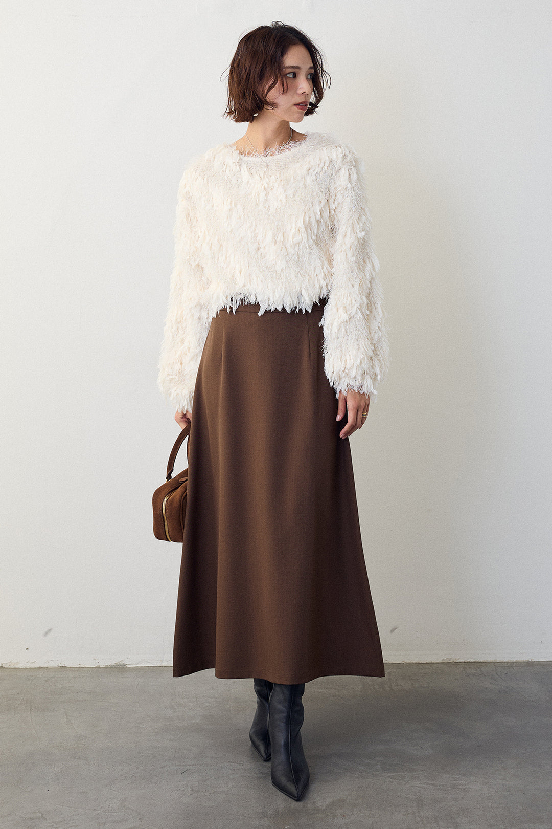 [予約/SET]フリンジラメシャギーニットプルオーバー+バックリボンセミフレアスカート(2set)