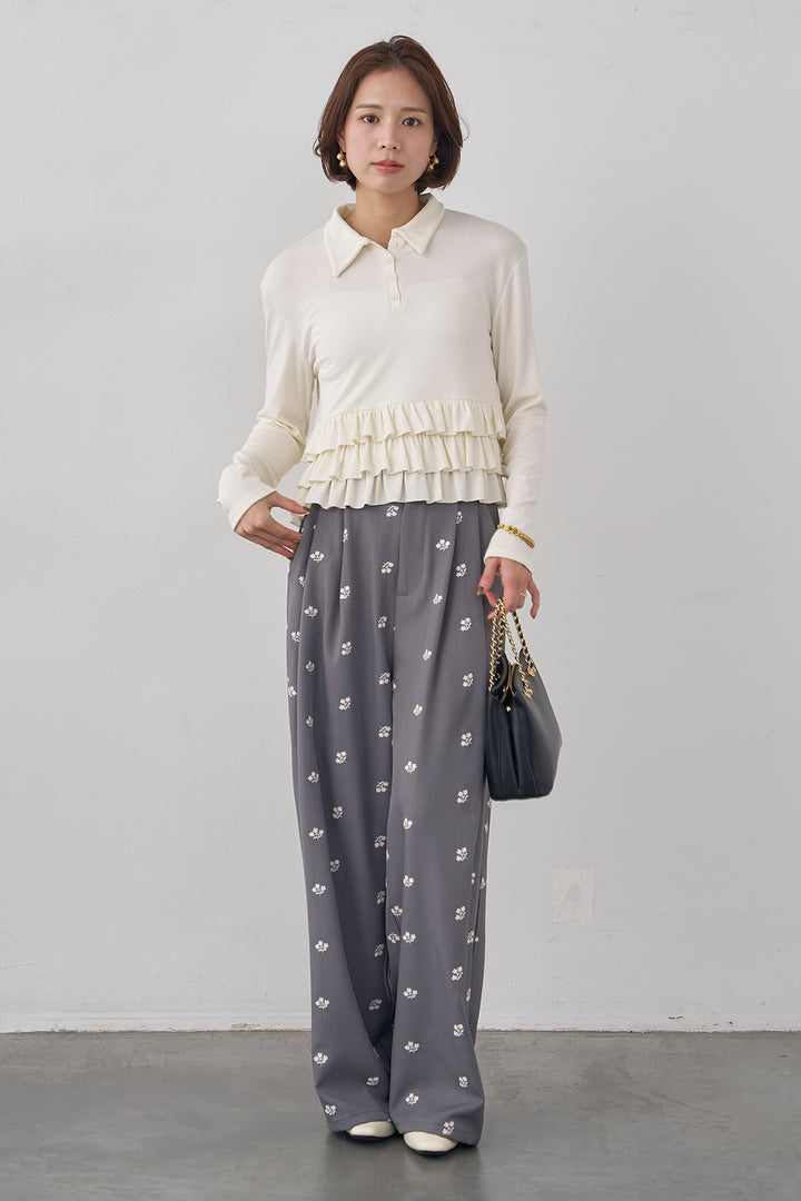[予約/SET]フリルヘムポロカラープルオーバー+フラワー刺繍ツイルストレートパンツ(2set)