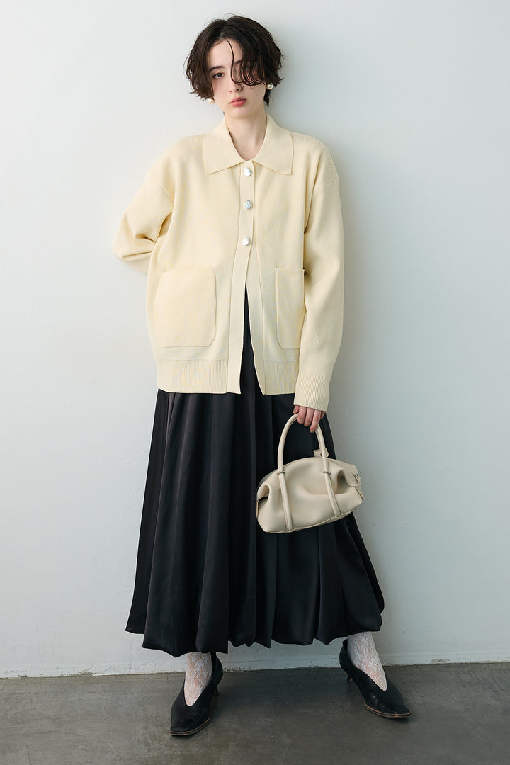 [予約/SET]メタルボタン襟付きニットカーディガン+サテンシャイニーバルーンスカート(2set)