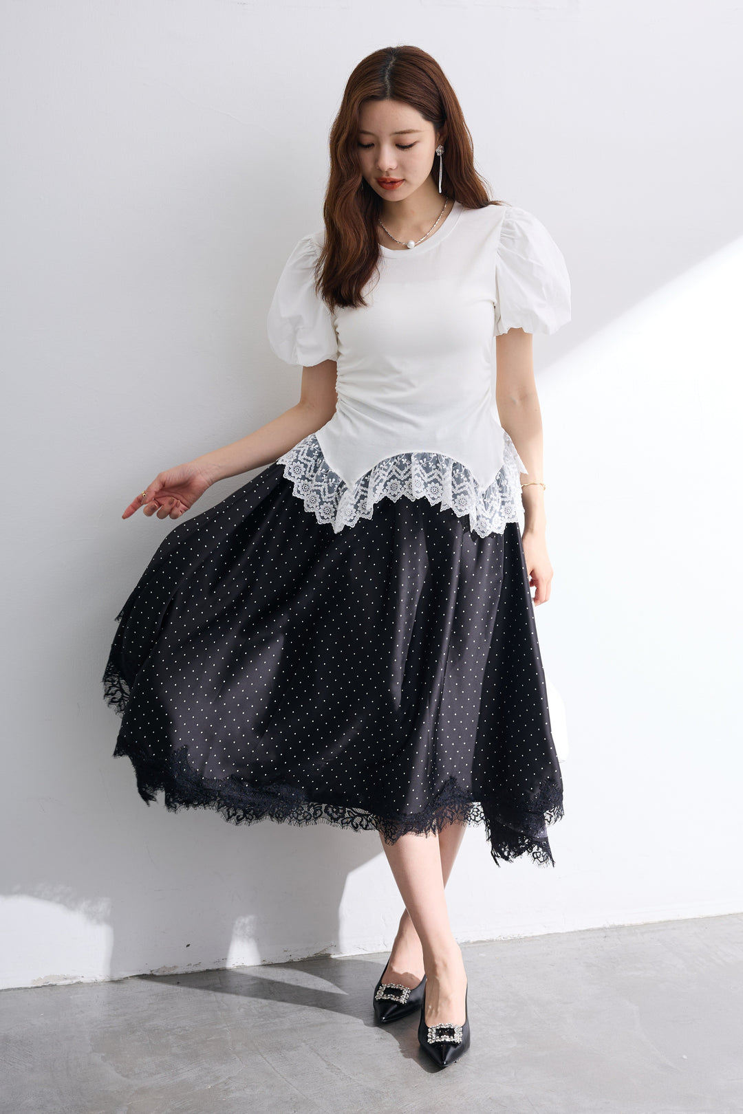 [予約/SET]ヘムレースパプスリーブカットソー+ドットサテンレースイレギュラーヘムスカート(2set)