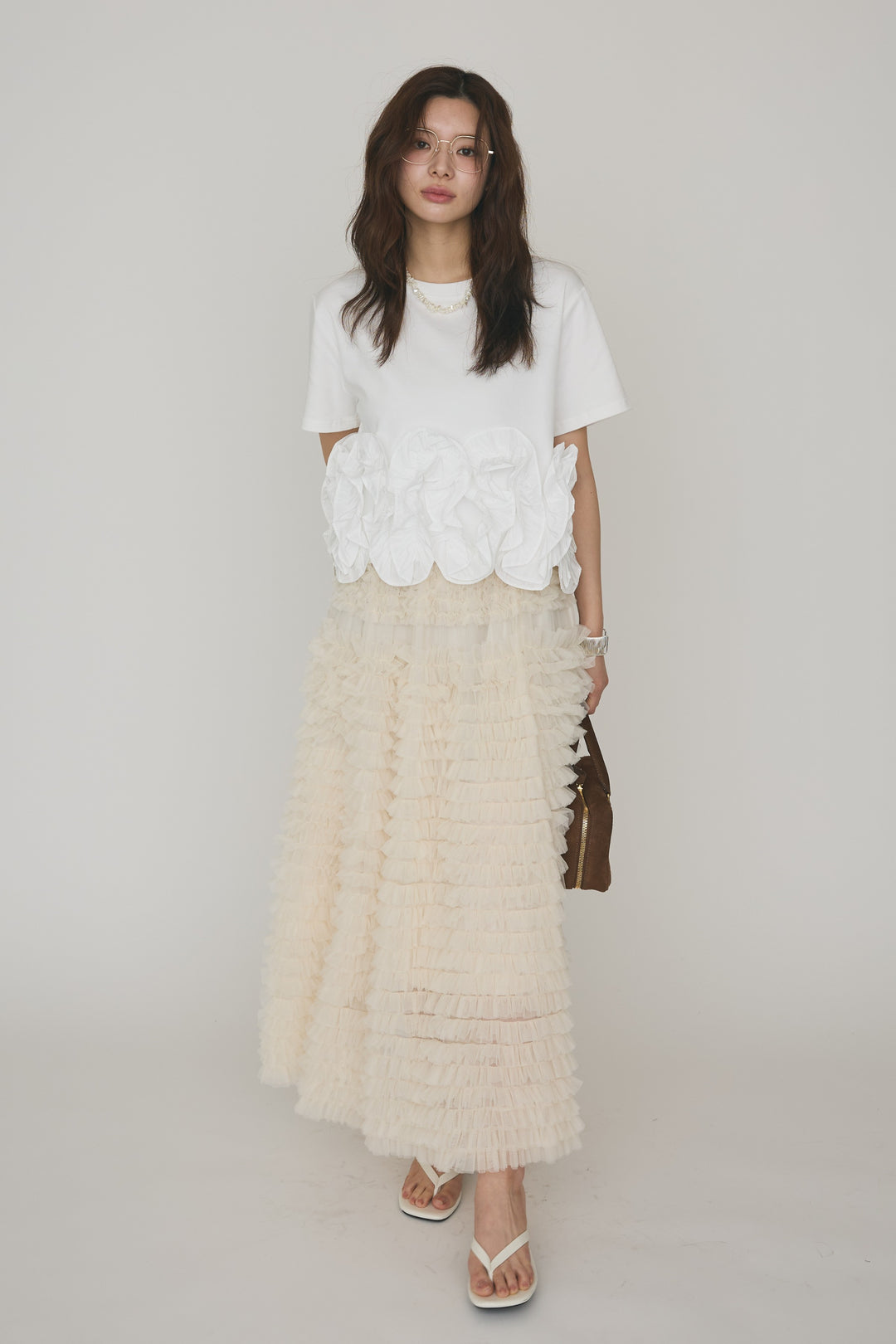 [予約/SET]フリルウェーブヘムカットTシャツ+ホイップチュールティアードスカート(2set)
