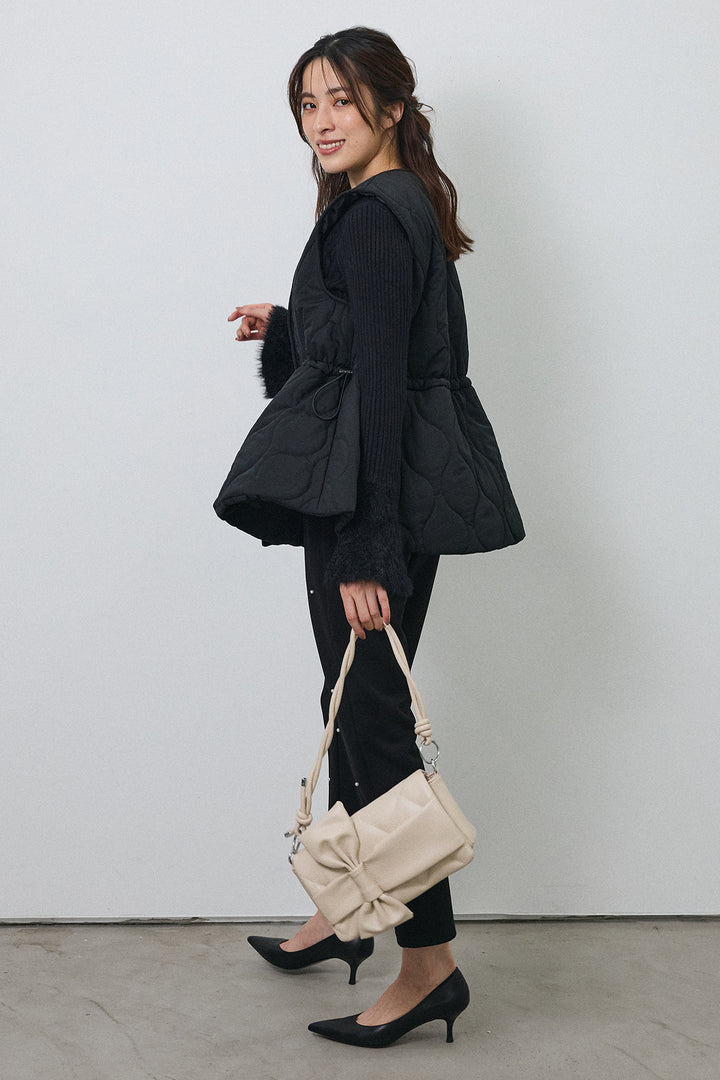 [予約/SET]フェザー切替スリーブフレアニット+キルティングフレアシルエットベスト+センターシームランダムパールパンツ(3set)