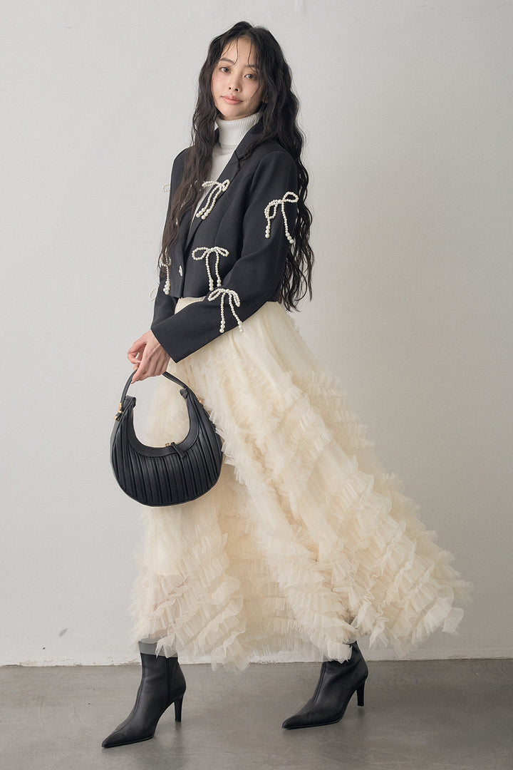 [予約/SET]パールリボンクロップドジャケット+スフレアシメチュールスカート(2set)