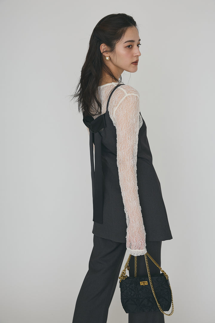 [予約/SET]ストレッチ繊細レーストップス+バックリボン美シルエットキャミチュニック+美脚セミフレアパンツ(3set)