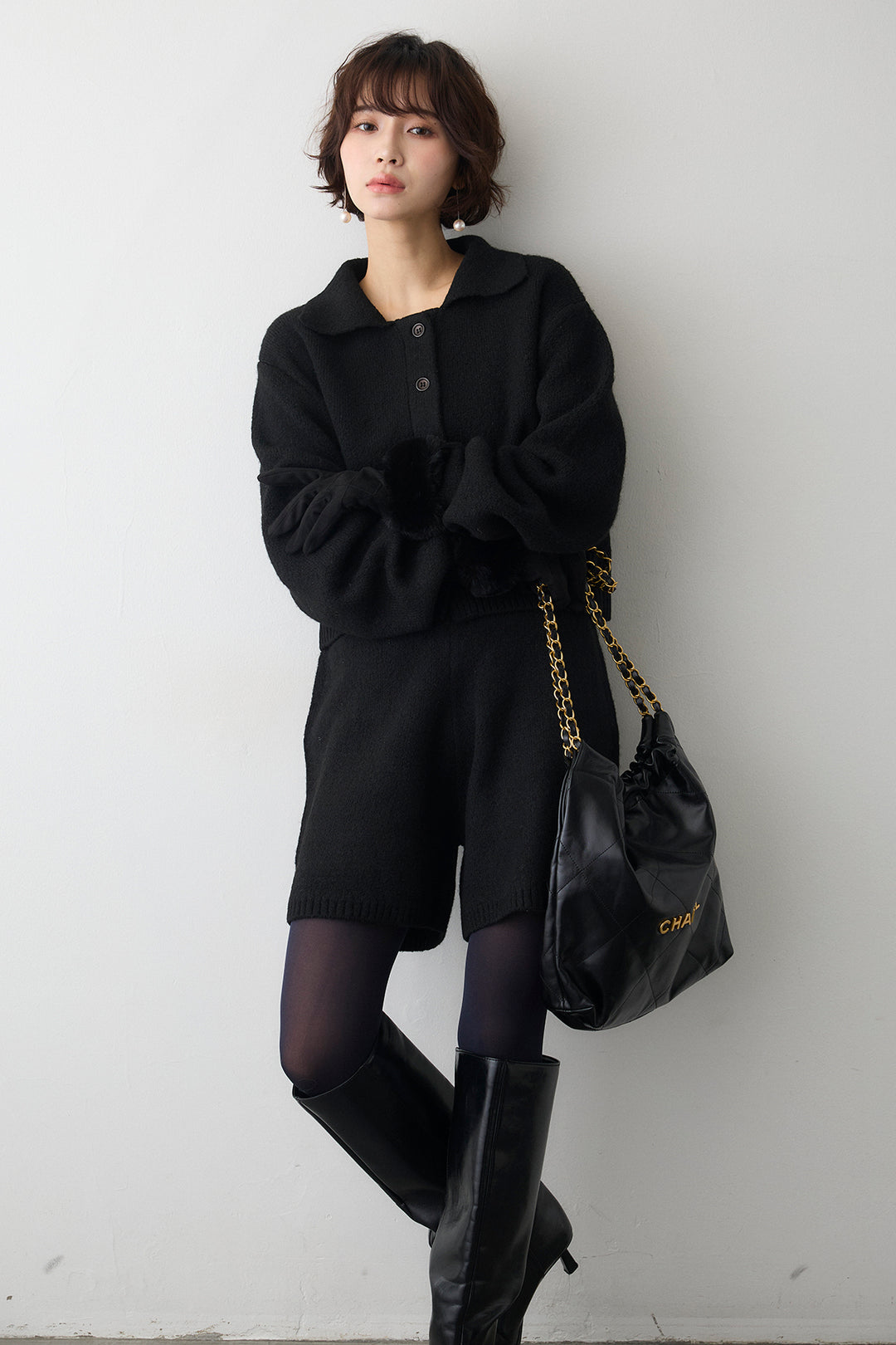 [予約]メランジニットポロ襟クロップドカーデ