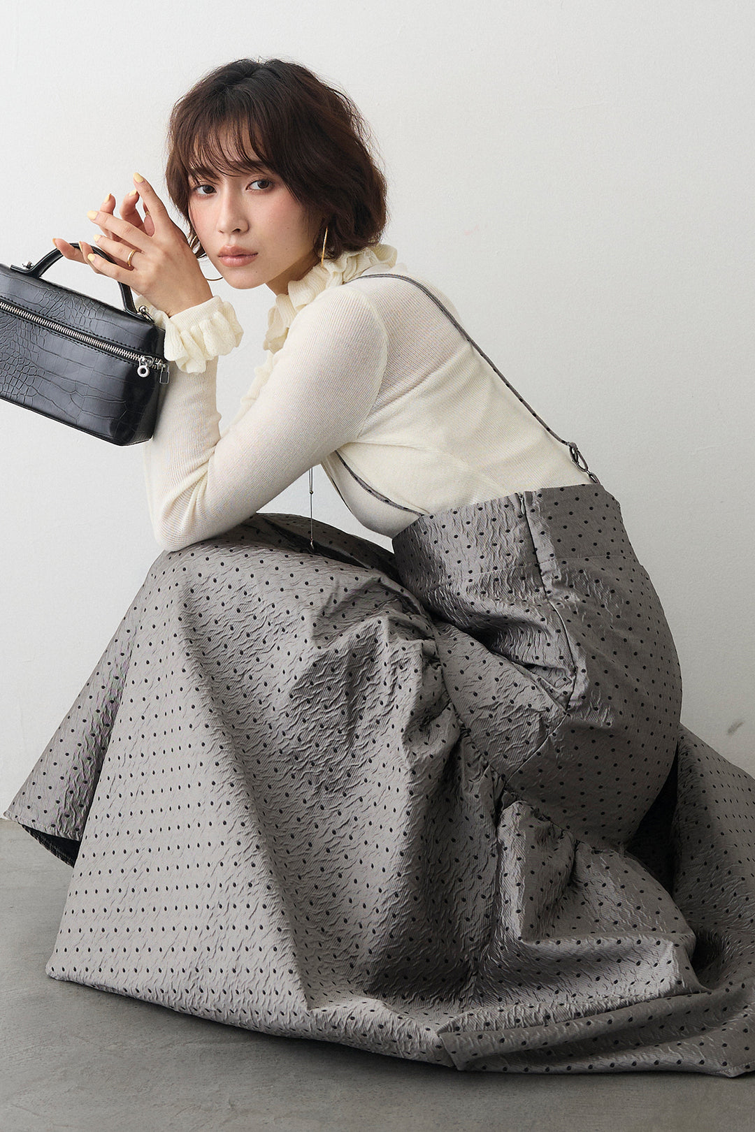 [予約/SET]ダブルフリルカラーニットプルオーバー+ドットジャガードギャザーフレアスカート(2set)