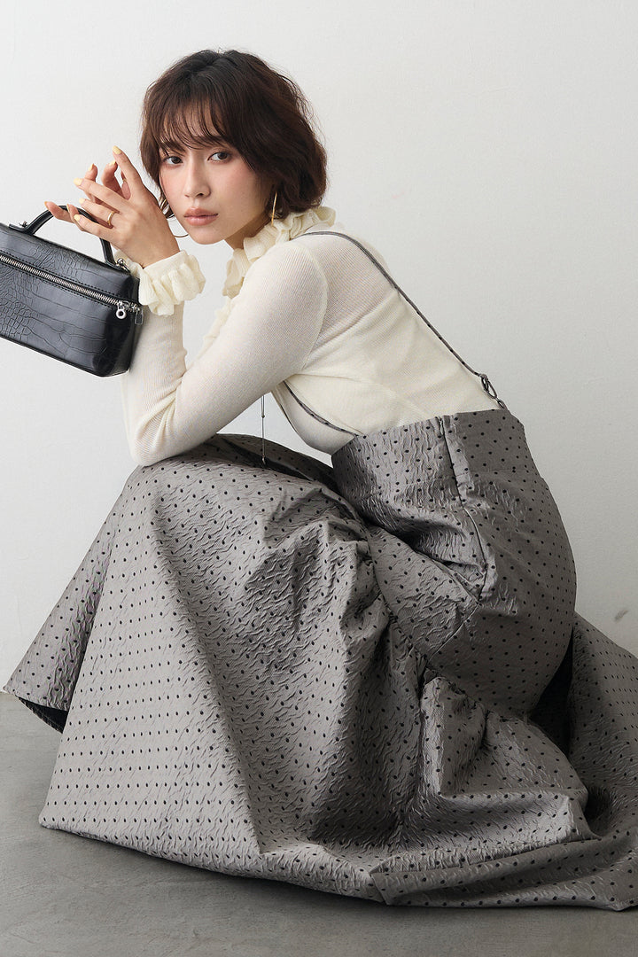 [予約/SET]ダブルフリルカラーニットプルオーバー+ドットジャガードギャザーフレアスカート(2set)