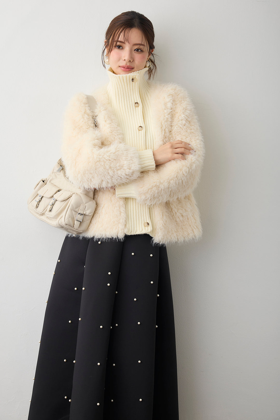 [予約/SET]シャギーファー×リブニットミックスジャケット+マルチパターンボンディングフレアスカート(2set)