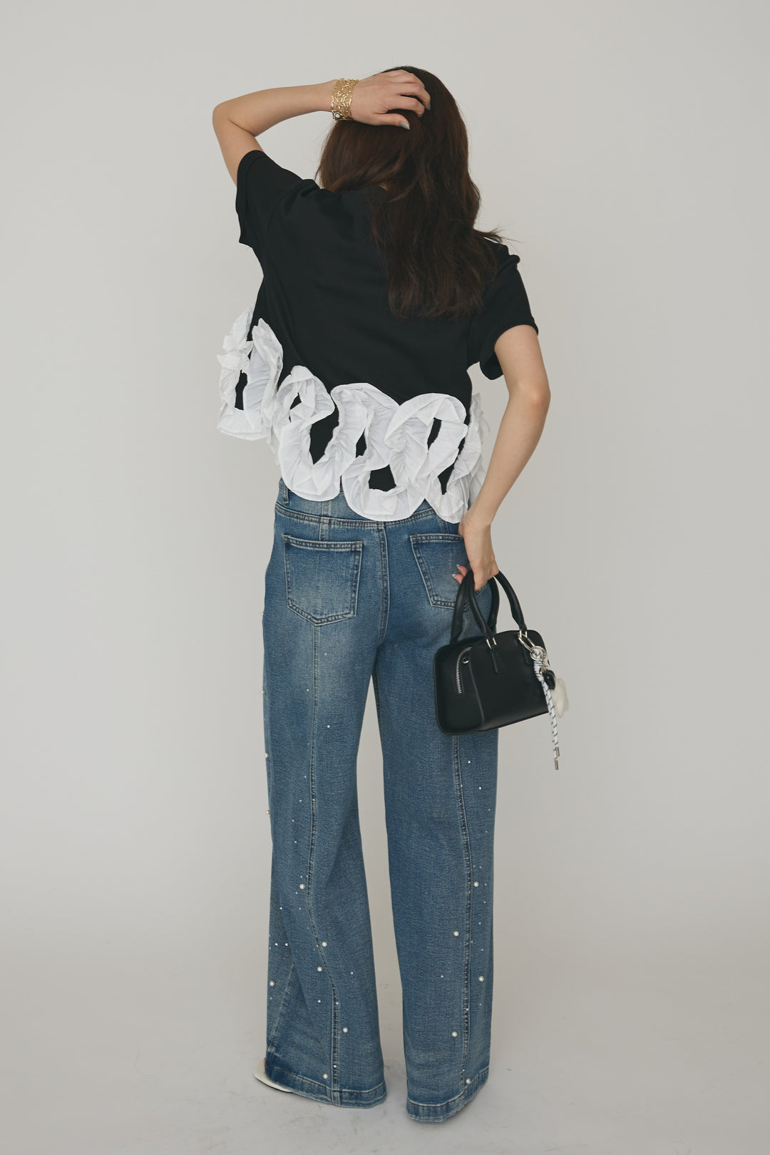 [予約/SET]フリルウェーブヘムカットTシャツ+パールラインストーンハイウエストデニム(2set)