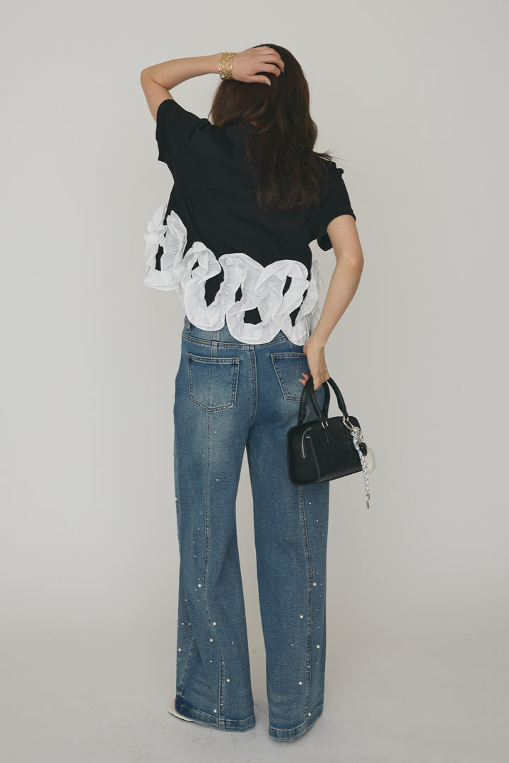 [予約/SET]フリルウェーブヘムカットTシャツ+パールラインストーンハイウエストデニム(2set)