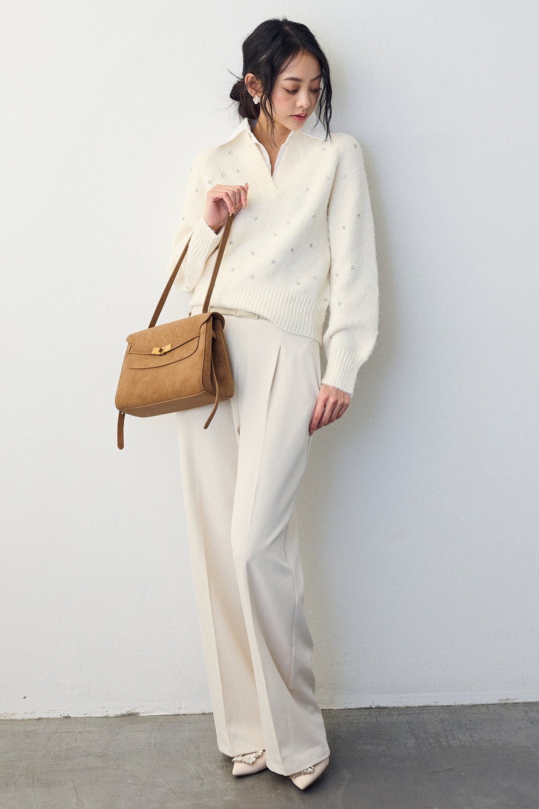 [予約/SET]シャツ襟ラインストーンニットPO+ポイントベルトセットストレートワイドパンツ(2set)