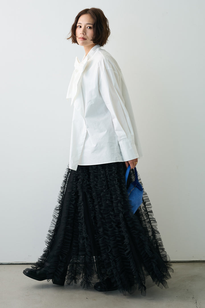 [予約/SET]マルチパターンボウタイアシメシャツ+Iラインホイップチュールスカート(2set)