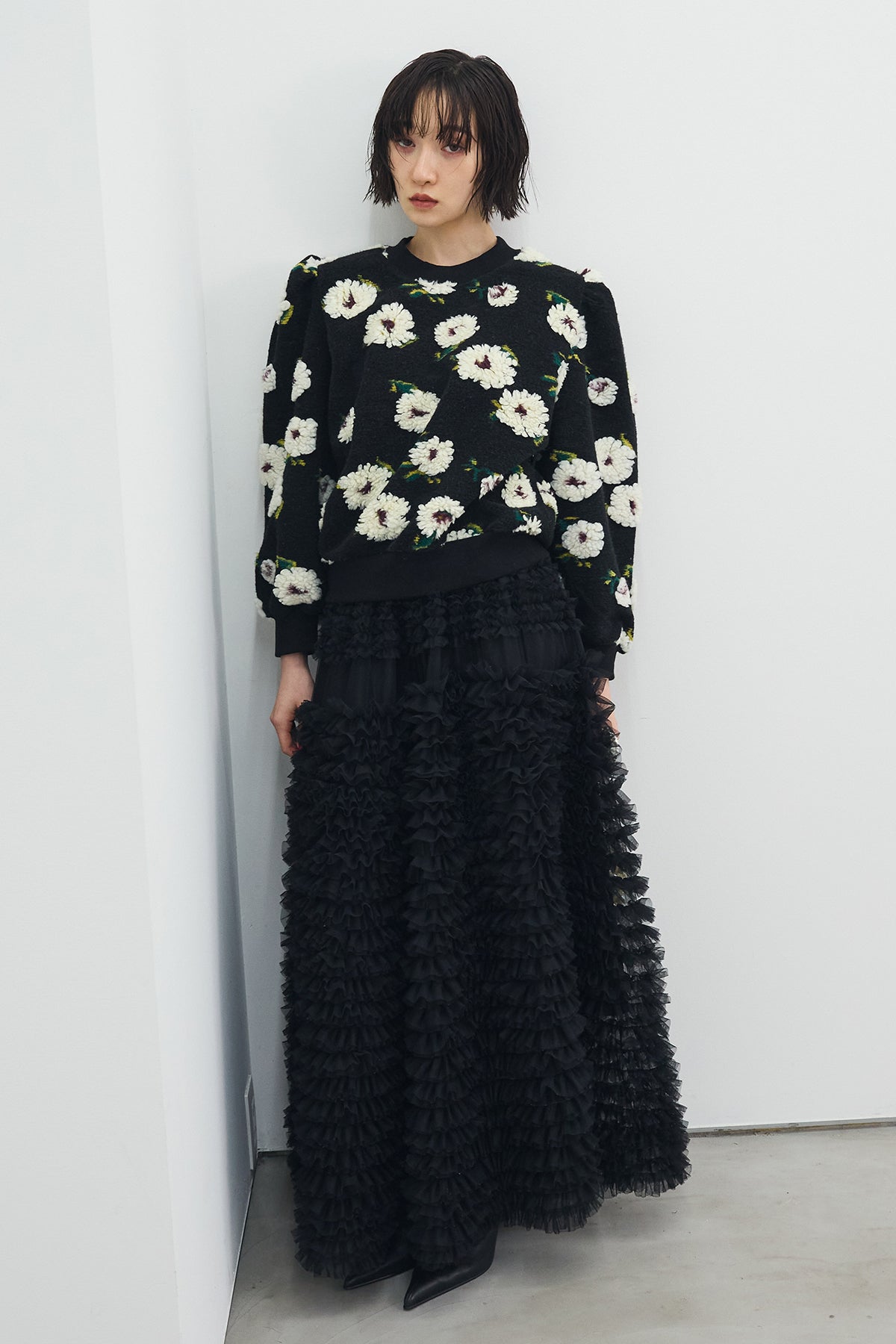 予約/SET]ボアフラワーモチーフニット+ホイップチュールティアード