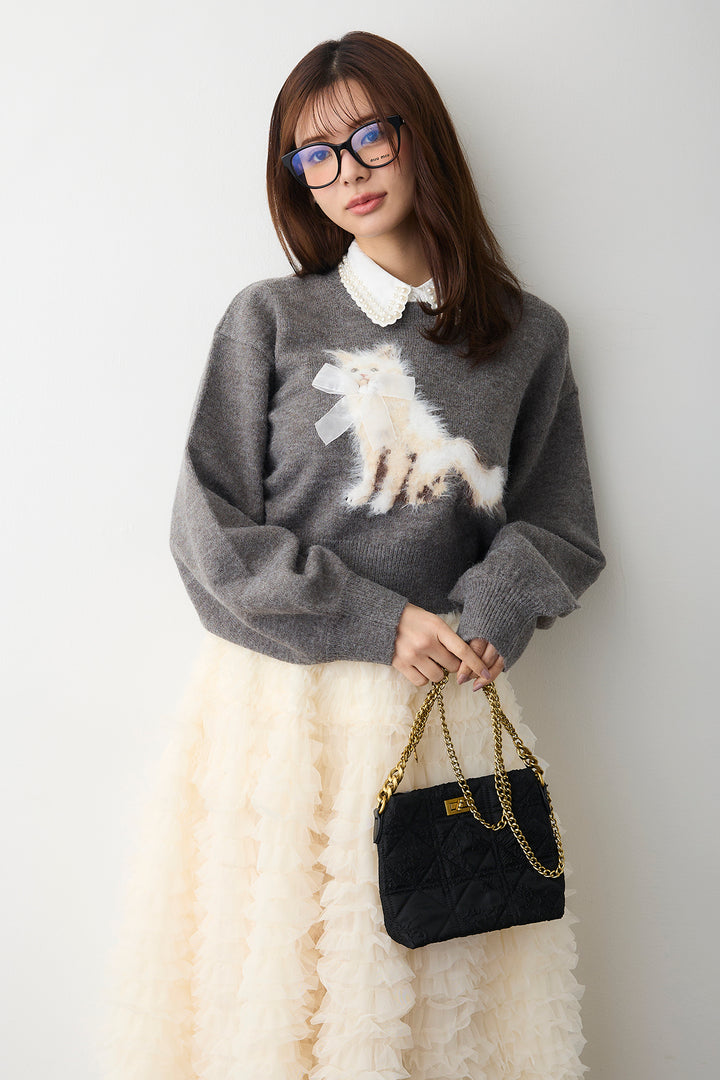 [予約/SET]2連パール付け襟+シャギーリボンキャットモチーフニットPO+ホイップチュールティアードスカート(3set)