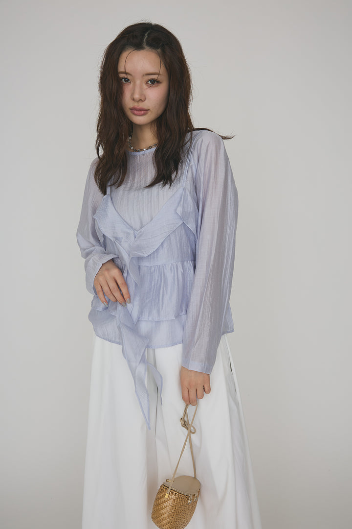 [予約/SET]ドレープフリルシアーレーヤードトップス+フロントサイドタックワイドパンツ(2set)