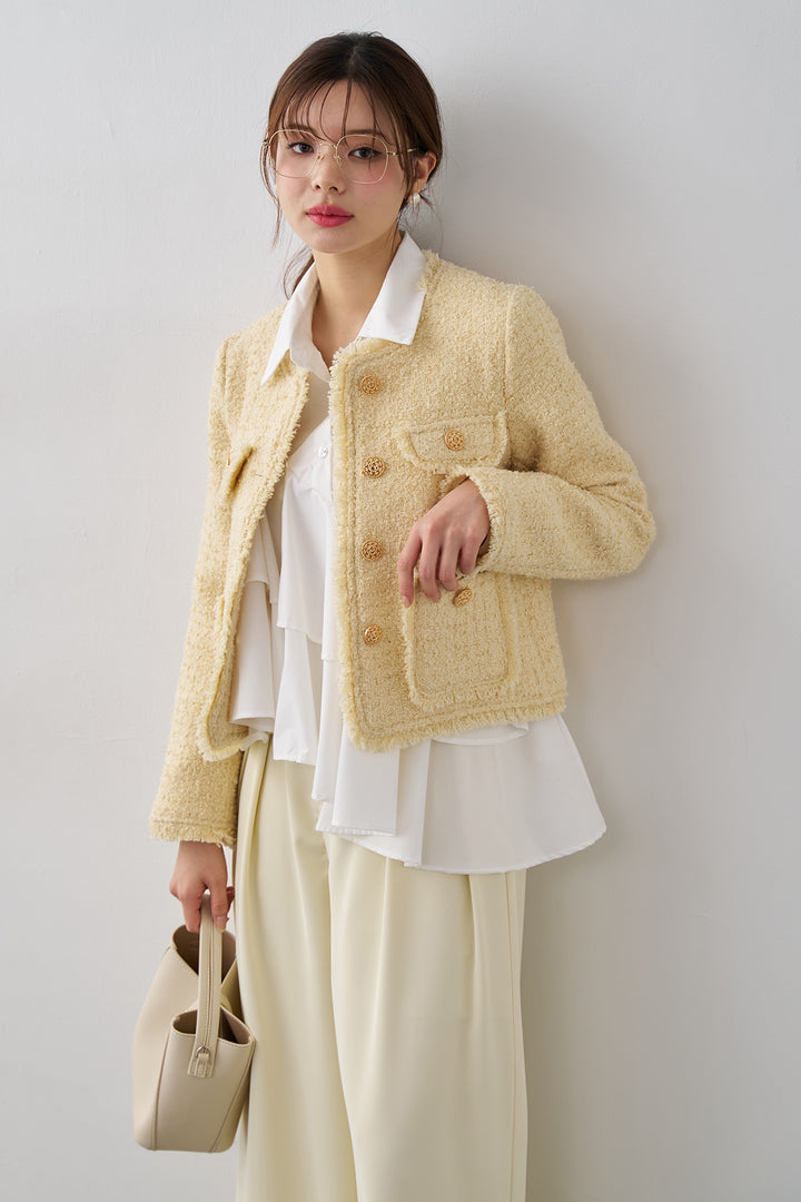 [予約/SET]フリンジツイードゴールドボタンジャケット+エステルツイルタックワイドカラーパンツ(2set)