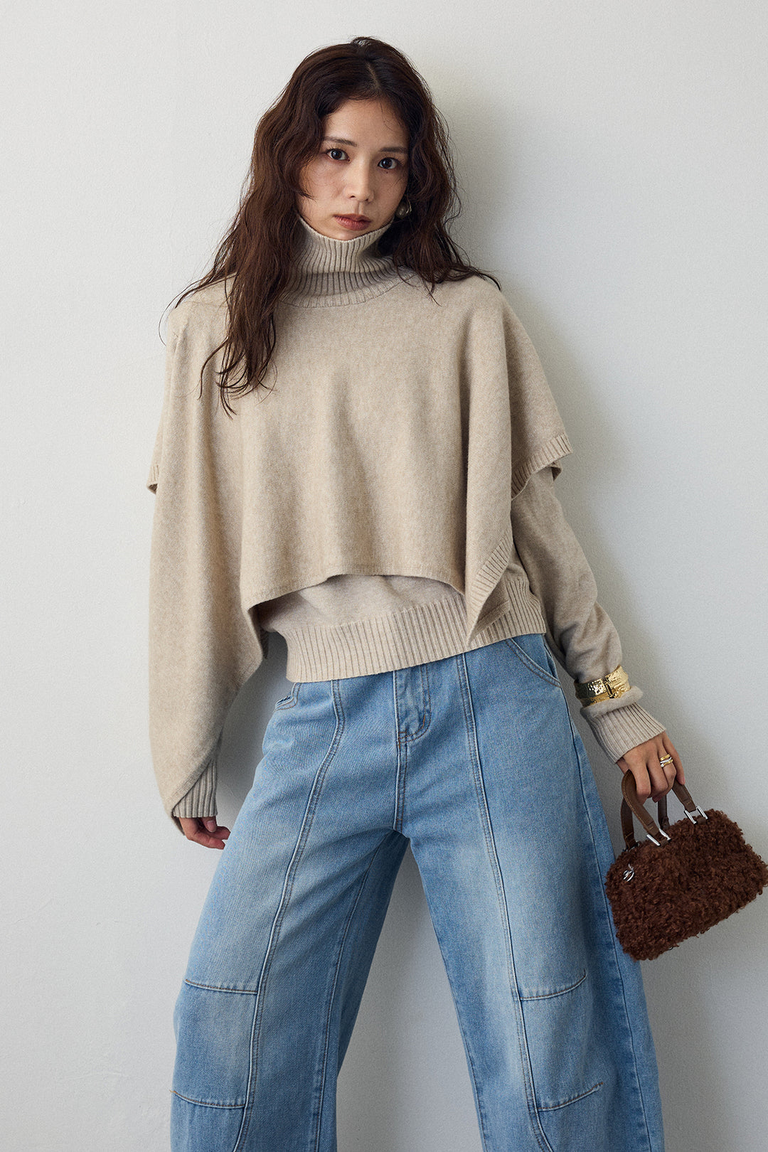 [予約/SET]アシメケープ2wayニット+ステッチ美ラインカーブデニムパンツ(2set)